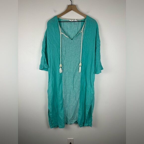 Sigrid Olsen Caftan Linen Blend Tassel Aqua CoverUp Pockets Dress Women’s Sz M - Picture 1 of 7